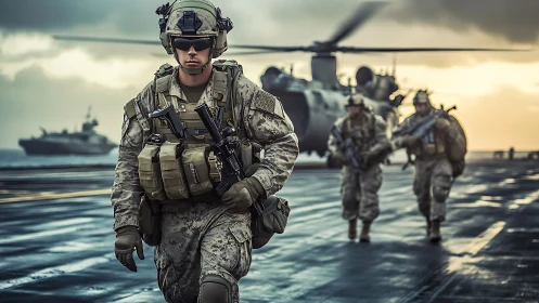 Modern soldiers on carrier deck with helicopter in background.