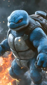 Battle ready blue turtle warrior strides through blazing fire