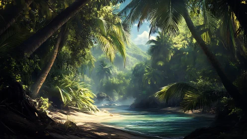 Tropical Jungle Lagoon with Crepuscular Light Rays and Lush Canopy