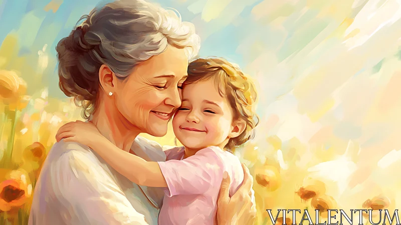 Golden Embrace: Grandmother and Grandchild in Sunlit Fields