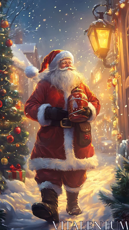 Jolly Santa walks through a glowing snowy Christmas street