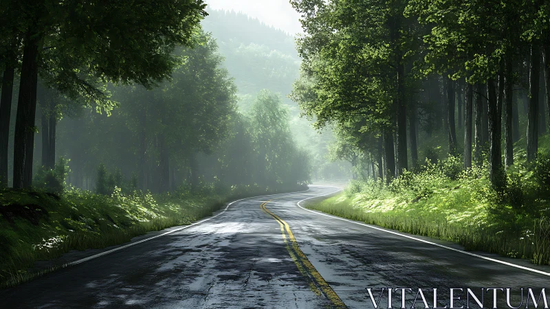Asphalt Highway Through Dense Forest Corridor With Atmospheric Perspective Rendering