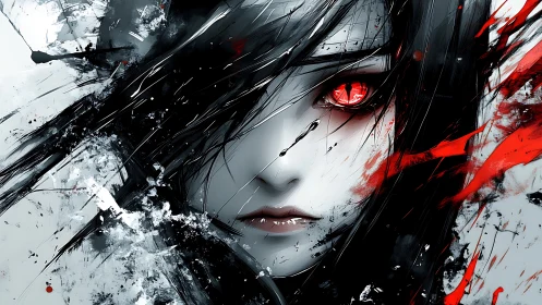 Intense red eyed heroine emerging from swirling darkness.