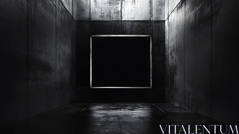 Concrete chamber with illuminated rectangular opening.