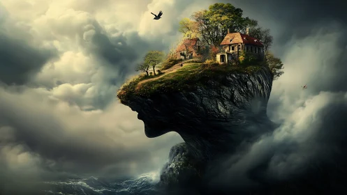 Floating headland village merges portrait and storm clouds.