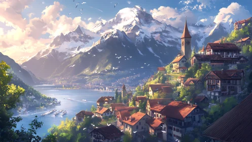 Lakeside alpine townscape with snow peaks at golden hour