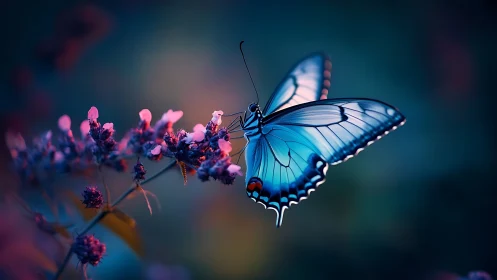 Blue swallowtail butterfly glows over neon twilight blooms.