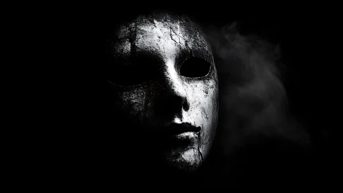 Cracked monochrome mask emerges from void in stark chiaroscuro
