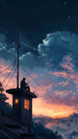 Rooftop dreamer texts the sky while twilight quietly burns