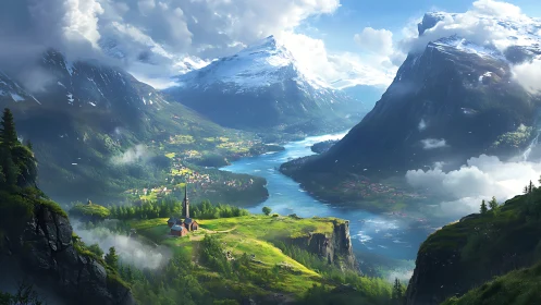 Mountain valley river with village and church is depicted