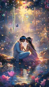 Two souls touch beneath cascading starlight in paradise