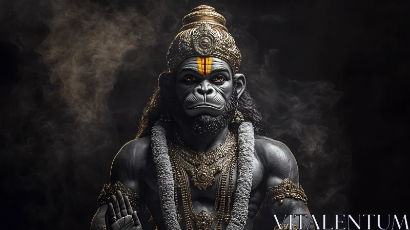 Photorealistic divine simian warrior in ornate regalia portrait.