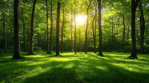 Sunlit Forest Clearing with Lush Green Grass in Serene Morning Light.