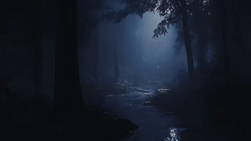 Moonlit Forest Stream: Nature's Quiet Magic.