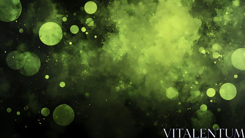 Green circular forms disperse across a dark digital field