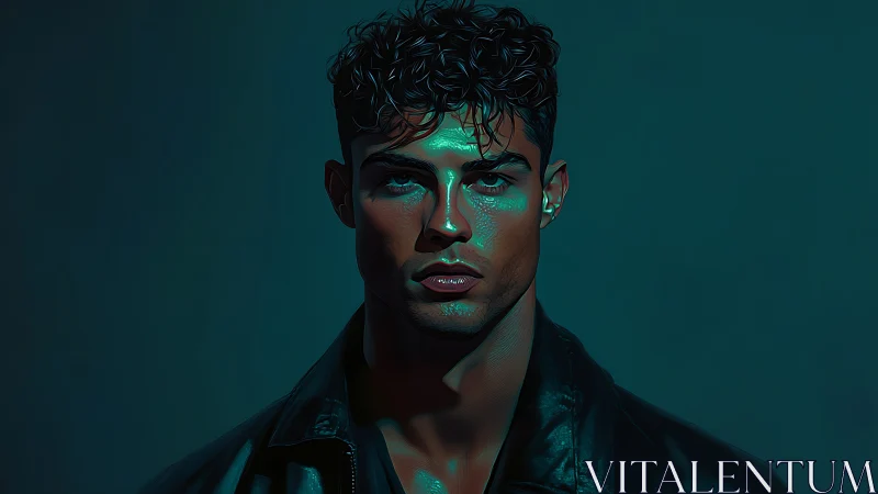 Neon shadows sculpt a brooding stranger in teal silence