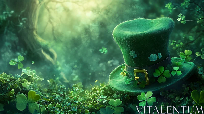 Green top hat with clovers in dense forest under light.