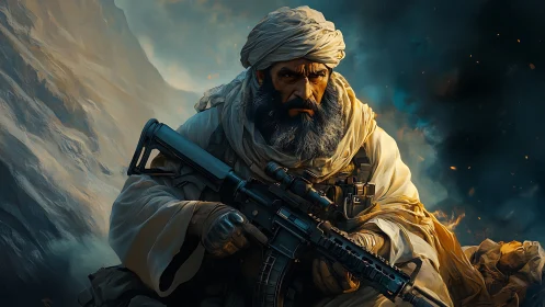 Bearded armed figure sits in mountainous digital environment