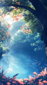Digital painting of tranquil forest river with layered canopy.