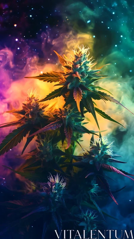 Psychedelic cannabis macro with nebula-gradient bokeh lighting.