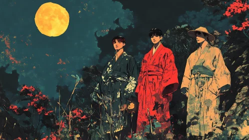 Three robed figures stand under full moon in stylized landscape
