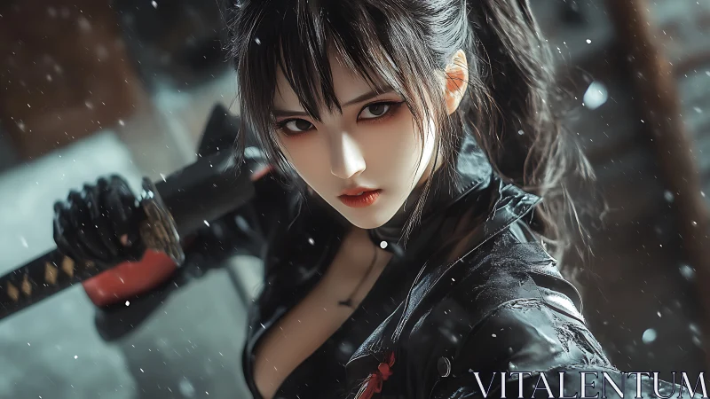 Dark haired female swordswoman in black coat under snow.