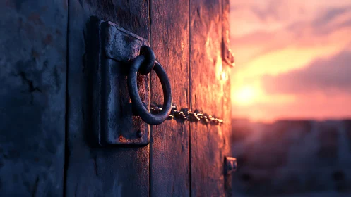 Metal door ring handle in low sun directional lighting.