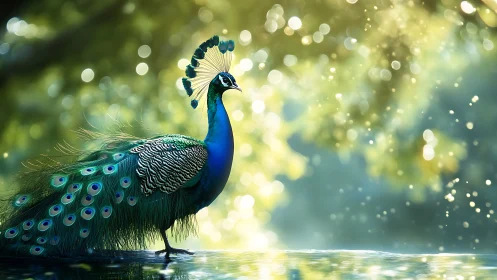 Peacock standing near water with sunlit bokeh background.