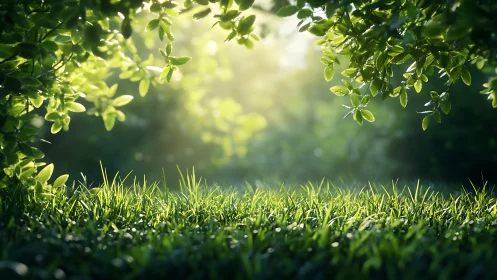 Sunlit grass glows beneath dense green foliage archway