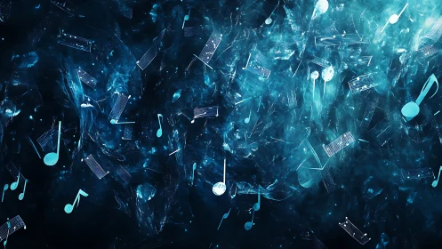 Musical notation symbols float across a blue abstract field