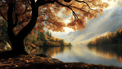 Large tree overlooks still mountain lake under angled sunlight