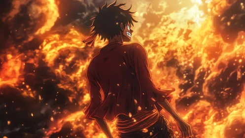 Anime hero stands against roaring wall of burning fire.