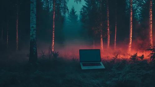 Laptop in foggy birch forest with high contrast cyan-red lighting