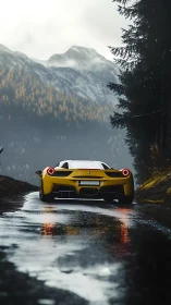 Yellow sports car on wet mountain road under cloudy sky.
