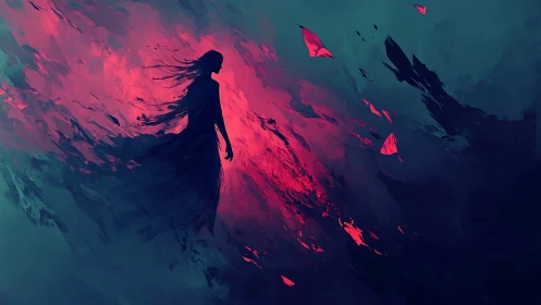 Silhouette drifts through aurora flame where darkness unravels.