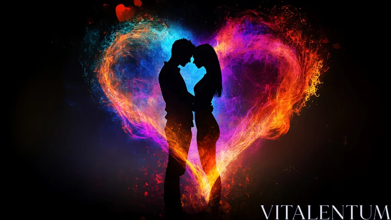 Silhouetted Couple Kissing Within Fiery Heart Glow.