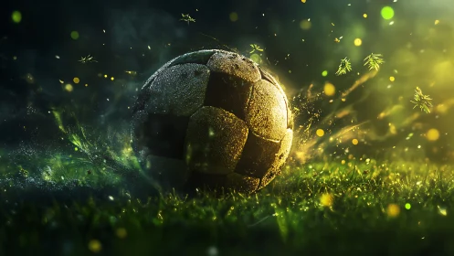 Close-up soccer ball on wet grass with glowing particles.