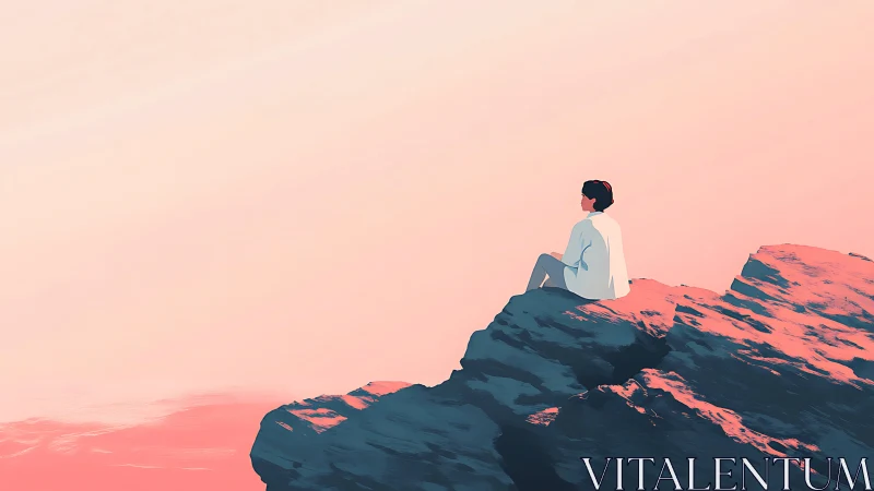 Solitary observer on stratified cliff under diffuse pink sky.