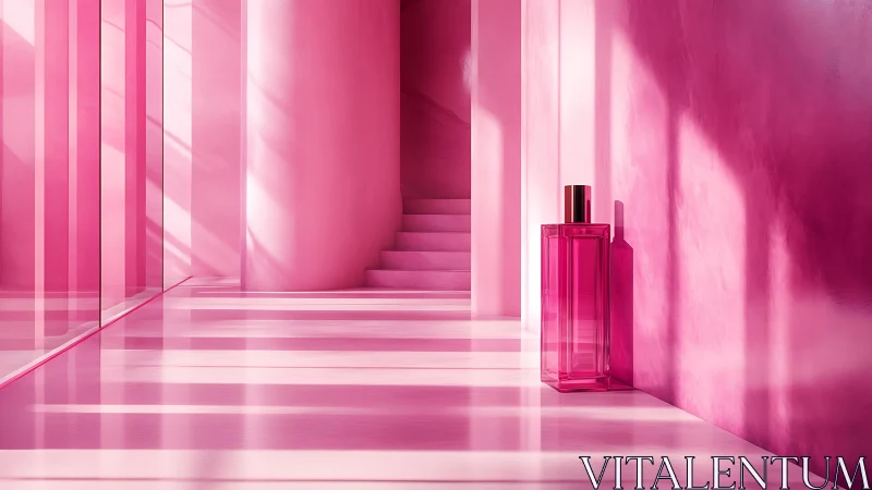 Pink glass perfume bottle in minimalist corridor scene.