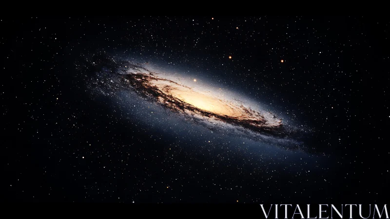 Edge-on spiral galaxy rendered with luminous stellar core glow