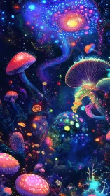 Bioluminescent mushroom cosmos rendered in neon spectral color.