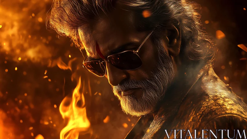 Brooding silver‑haired man stands defiant amid blazing fire