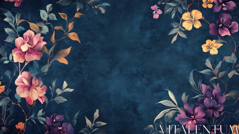 Botanical Composition with Vibrant Blooms on Deep Indigo Textured Field.