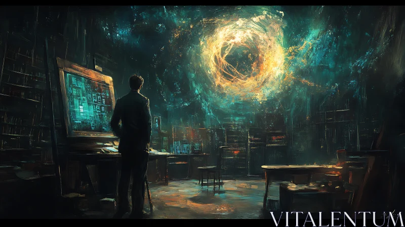 Figure observes luminous vortex in dim studio interior