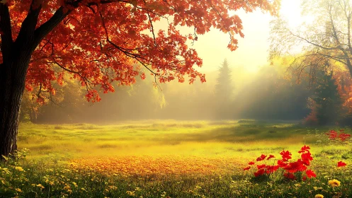 Autumn meadow under radiant backlight with scarlet foliage.