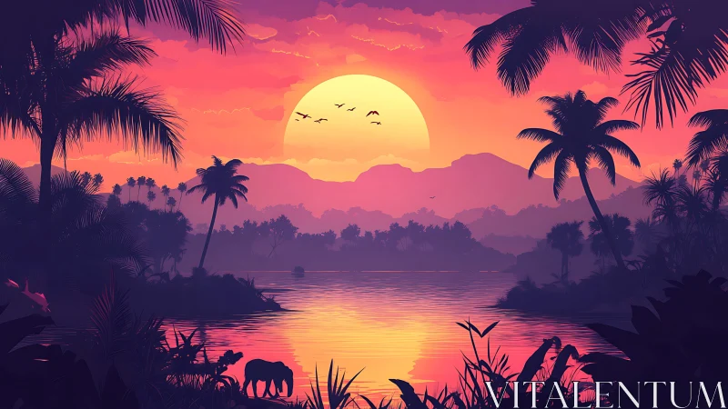 Spectral jungle river sunset with layered silhouettes and fauna.