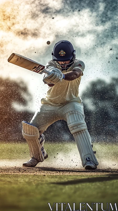 Cricket batsman executing front-foot drive in dust-filled sunlight