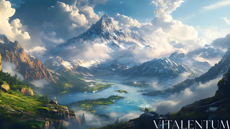 Sky-bridged mountain kingdom above a dreaming sapphire lake.