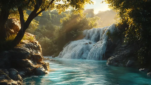Sunlit forest waterfall over rocks into clear turquoise pool.