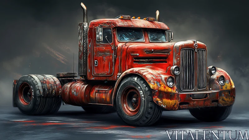 Heavily weathered red vintage semi truck cab in moody studio